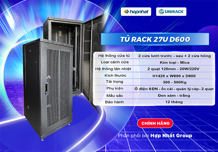 Tủ rack 27U D600 cửa lưới màu đen Unirack