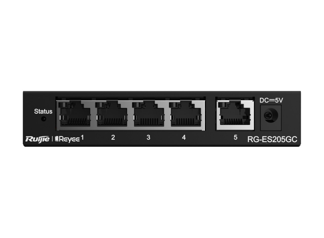 RG-ES205GC nhìn thẳng mặt trước với dãy 5 cổng, ảnh của Ruijie