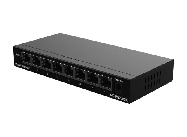 RG-ES208GC nhìn từ góc trên bên phải, ảnh sản phẩm của Ruijie