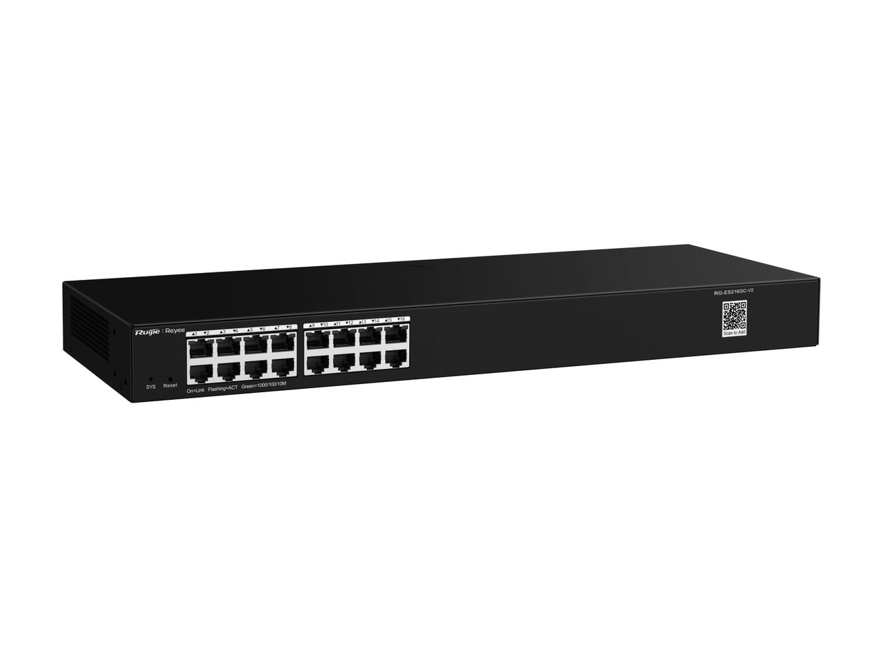RG-ES216GC-V2 nhìn từ góc trên bên phải, ảnh sản phẩm của Ruijie