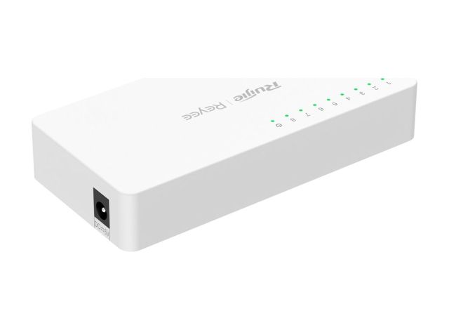 RG-ES08G-L nhìn nghiêng phía đầu nguồn, ảnh sản phẩm của Ruijie