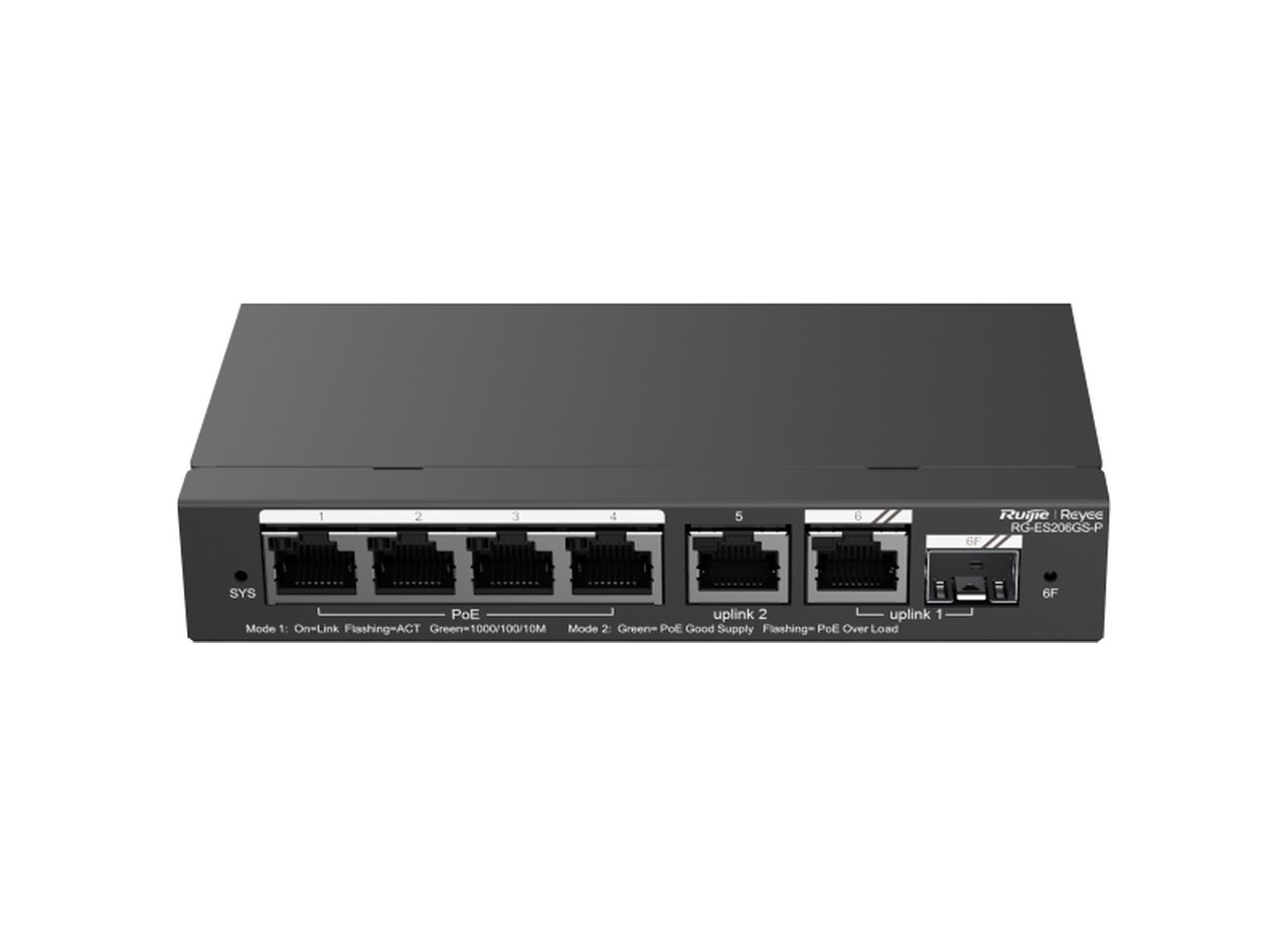 Switch PoE Ruijie RG-ES206GS-P có cổng combo, ảnh góc trước của hãng