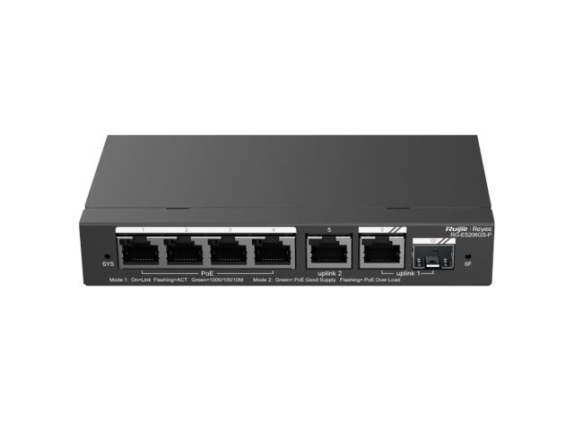 Switch PoE Ruijie RG-ES206GS-P có cổng combo, ảnh góc trước của hãng