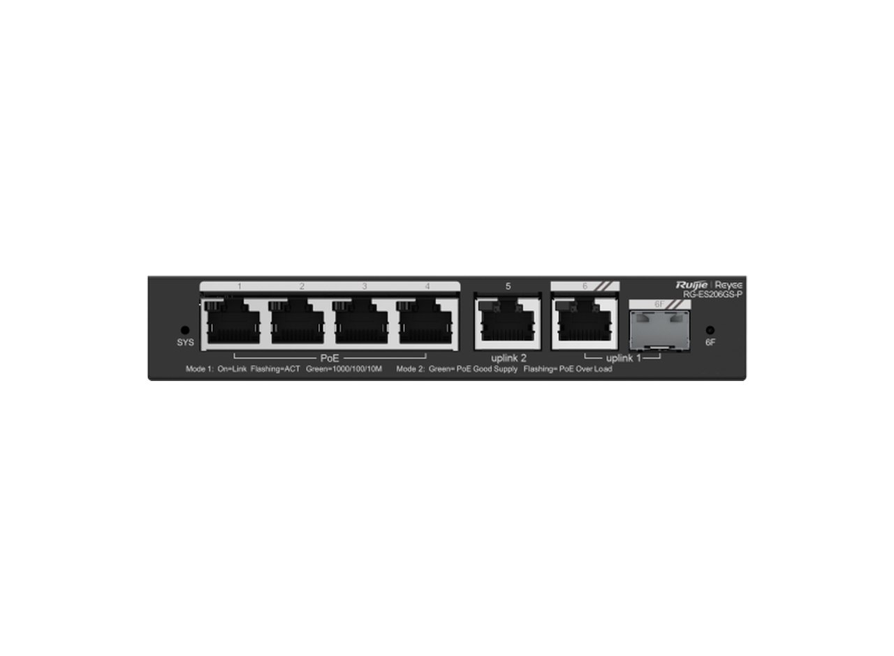 Mặt trước RG-ES206GS-P với 6 cổng RJ45 và khe SFP, ảnh của Ruijie