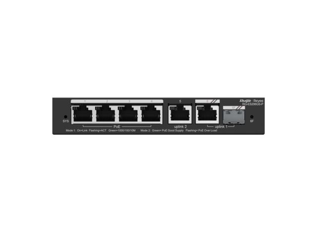 Mặt trước RG-ES206GS-P với 6 cổng RJ45 và khe SFP, ảnh của Ruijie