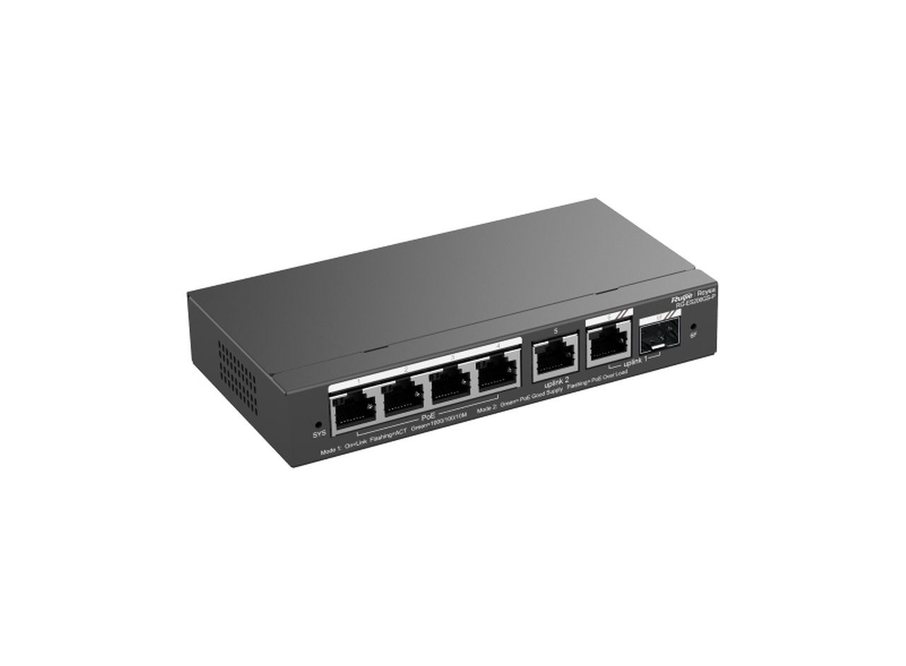 RG-ES206GS-P nhìn chéo từ bên trái, ảnh sản phẩm của Ruijie