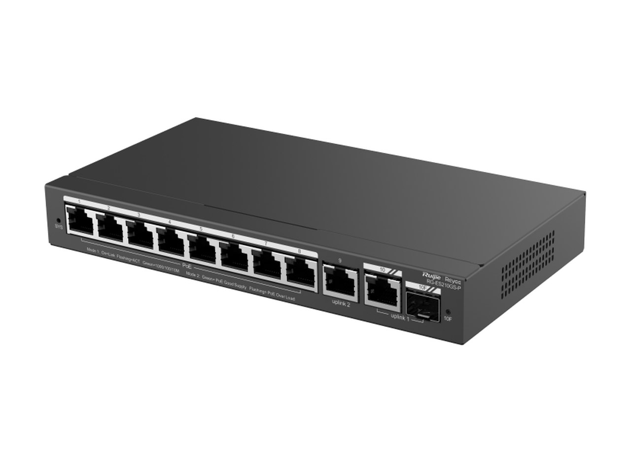 RG-ES210GS-P nhìn chéo từ bên trái, ảnh sản phẩm của Ruijie