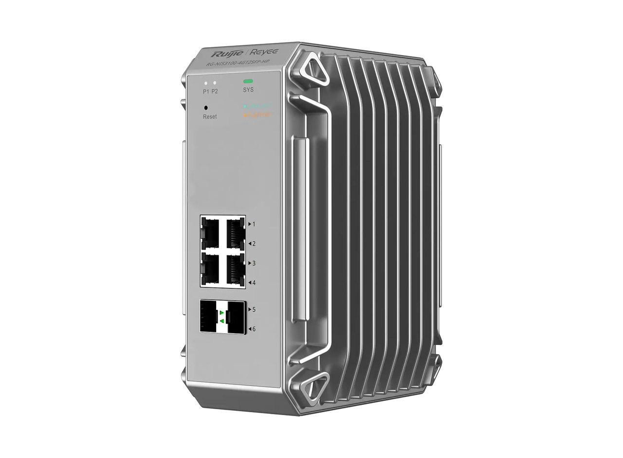 Switch công nghiệp Ruijie RG-NIS3100-4GT2SFP-HP nhìn chéo phía trước, ảnh của hãng