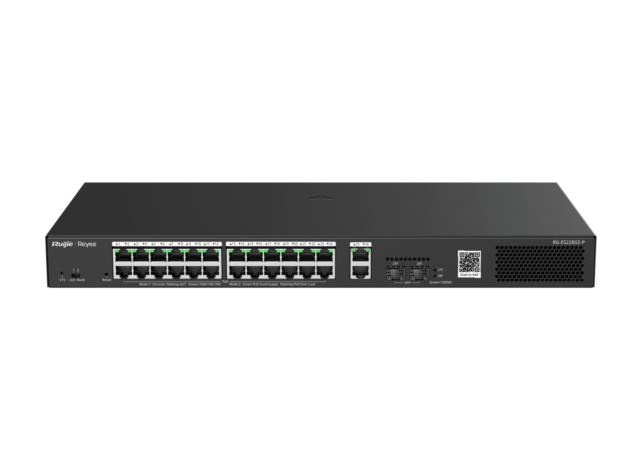 RG-ES228GS-P nhìn từ trên xuống phía trước, ảnh sản phẩm của Ruijie