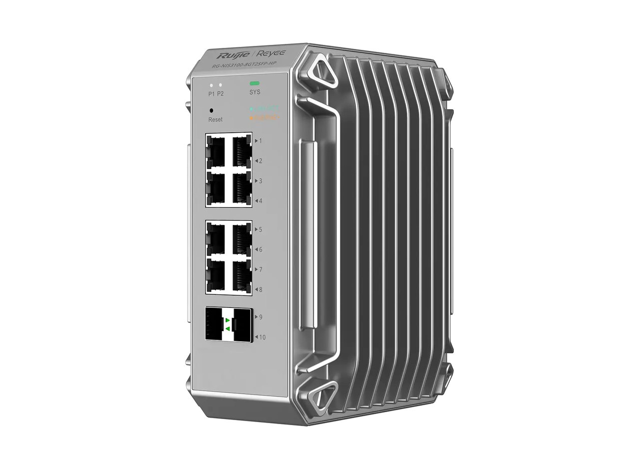 Switch công nghiệp Ruijie RG-NIS3100-8GT2SFP-HP nhìn chéo phía trước, ảnh của hãng