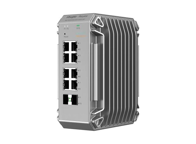 Switch công nghiệp Ruijie RG-NIS3100-8GT2SFP-HP nhìn chéo phía trước, ảnh của hãng