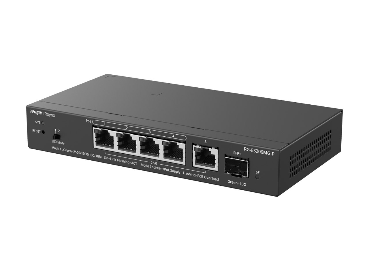 Switch PoE Ruijie RG-ES206MG-P, ảnh góc chéo bên trái của hãng