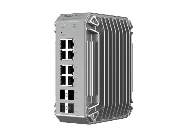 Switch công nghiệp Ruijie RG-NIS3100-8GT4SFP-HP nhìn chéo phía trước, ảnh của hãng