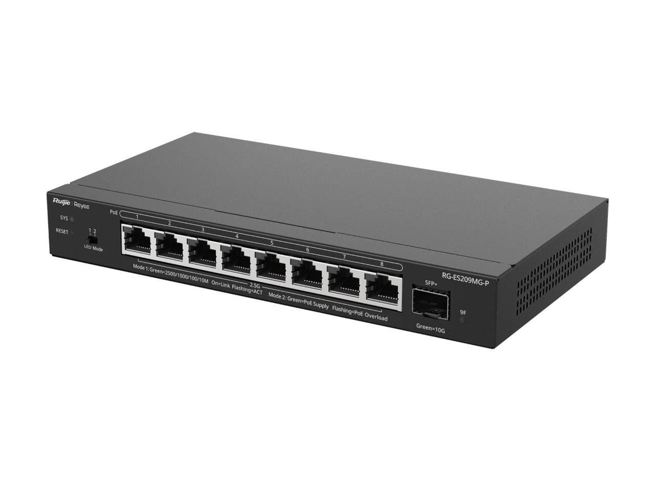 Switch PoE Ruijie RG-ES209MG-P, ảnh góc chéo phía trước của hãng