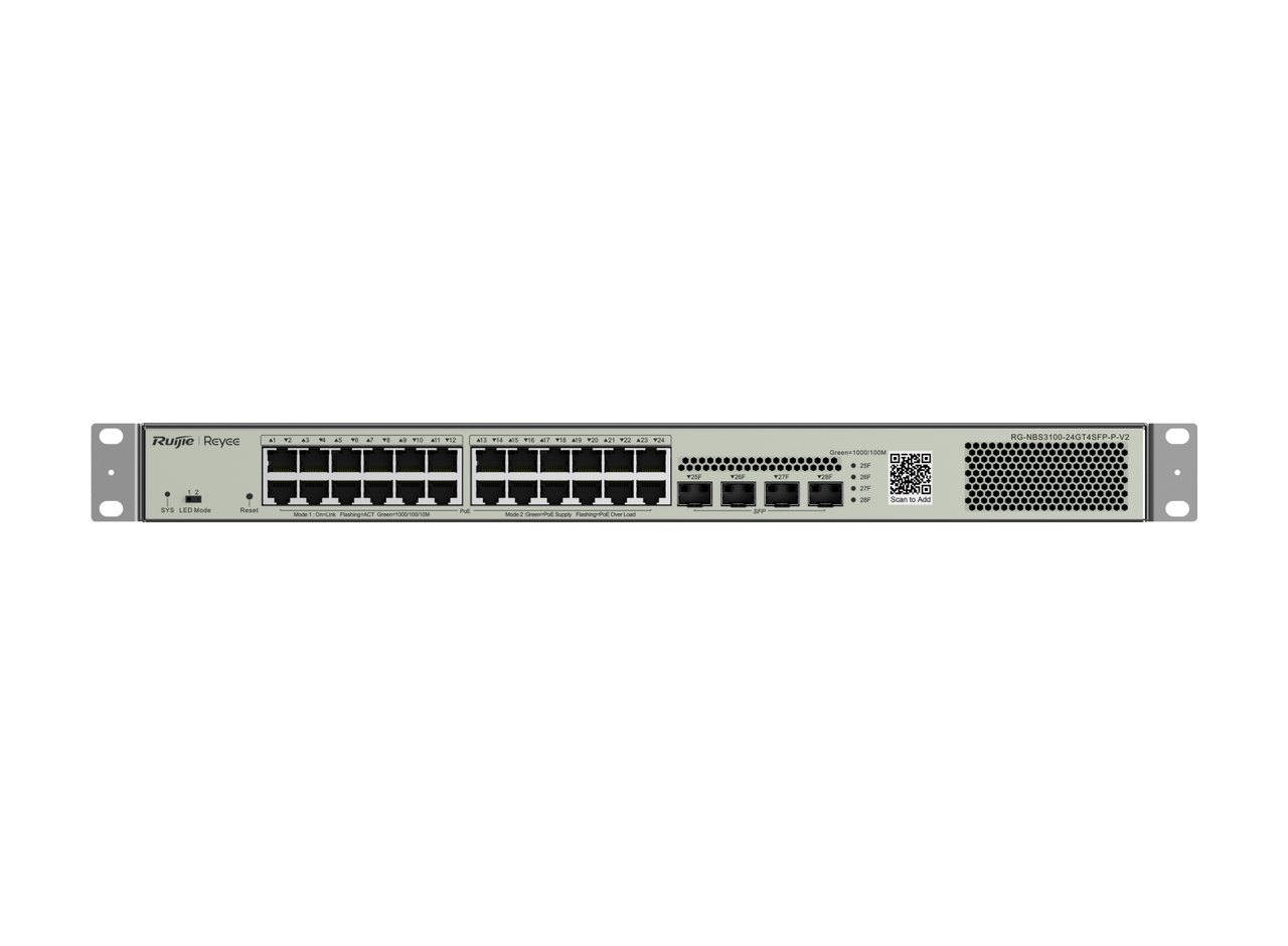 RG-NBS3100-24GT4SFP-P-V2 nhìn thẳng mặt trước, ảnh của Ruijie