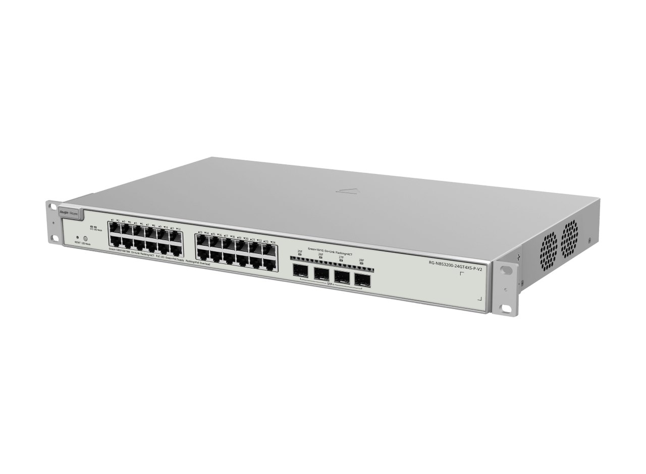 Switch PoE Ruijie RG-NBS3200-24GT4XS-P-V2 nhìn chéo phía trước, ảnh của hãng