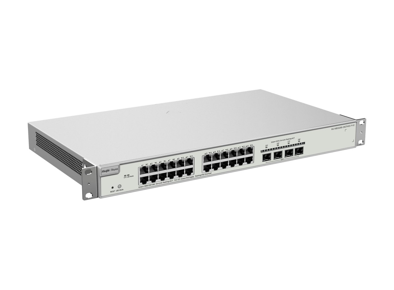 RG-NBS3200-24GT4XS-P-V2 nhìn chéo từ bên trái, ảnh của Ruijie