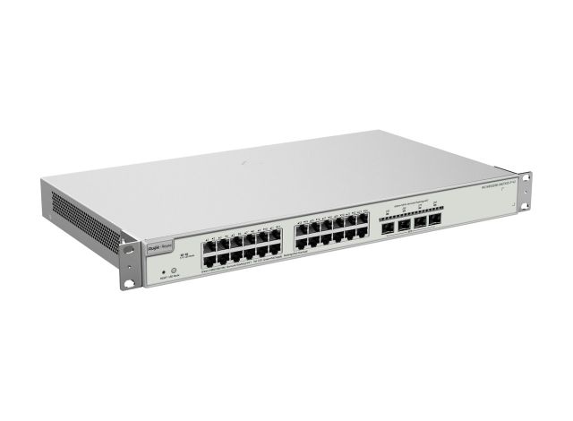 RG-NBS3200-24GT4XS-P-V2 nhìn chéo từ bên trái, ảnh của Ruijie