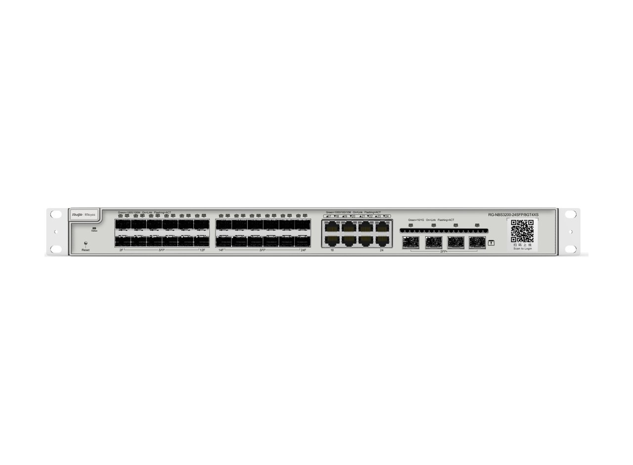 Switch Ruijie RG-NBS3200-24SFP/8GT4XS nhìn thẳng mặt trước, ảnh của hãng