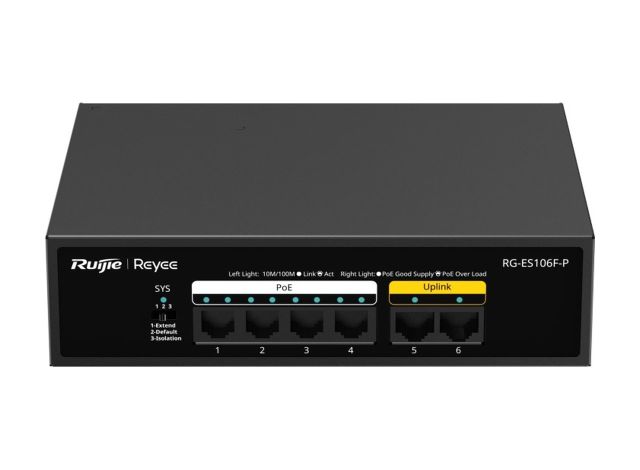 Switch Ruijie RG-ES106F-P nhìn thẳng mặt trước, ảnh của hãng