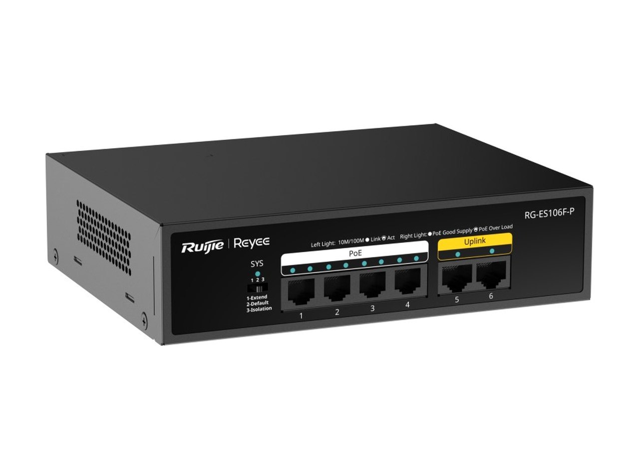 RG-ES106F-P nhìn chéo từ bên trái, ảnh của Ruijie