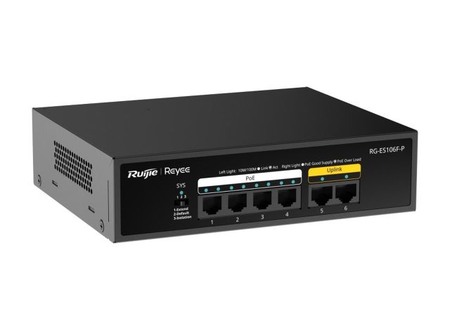 RG-ES106F-P nhìn chéo từ bên trái, ảnh của Ruijie