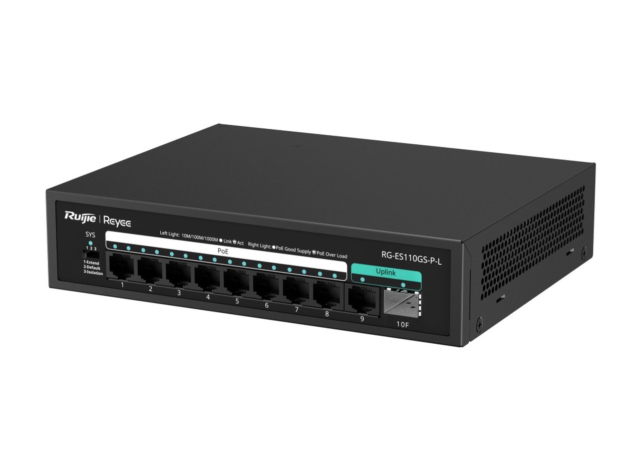RG-ES110GS-P-L nhìn chéo từ trái, ảnh của Ruijie