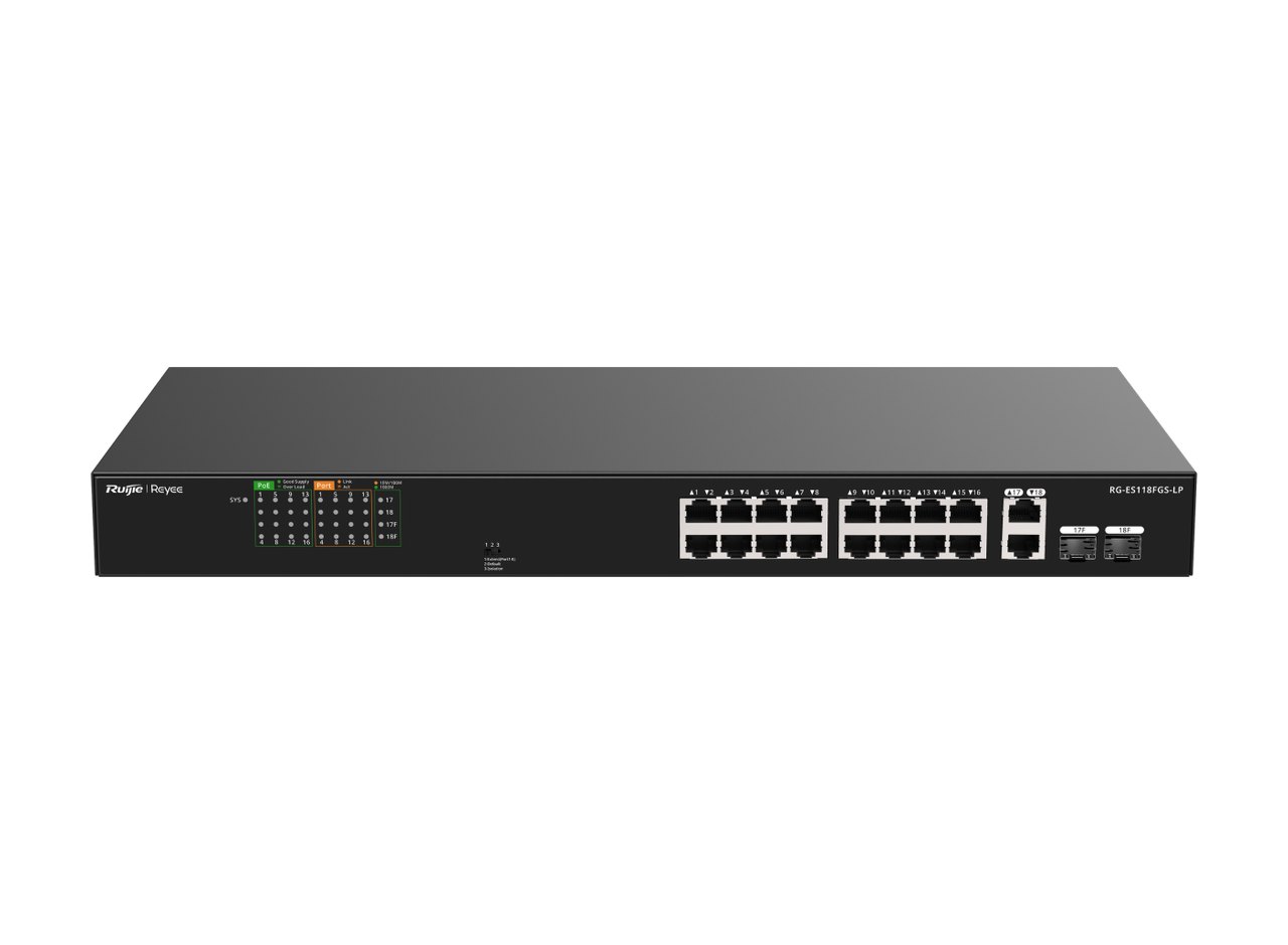 Switch Ruijie RG-ES118FGS-LP nhìn chéo từ trái, ảnh của hãng