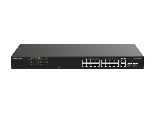 Switch Ruijie RG-ES118FGS-LP nhìn chéo từ trái, ảnh của hãng