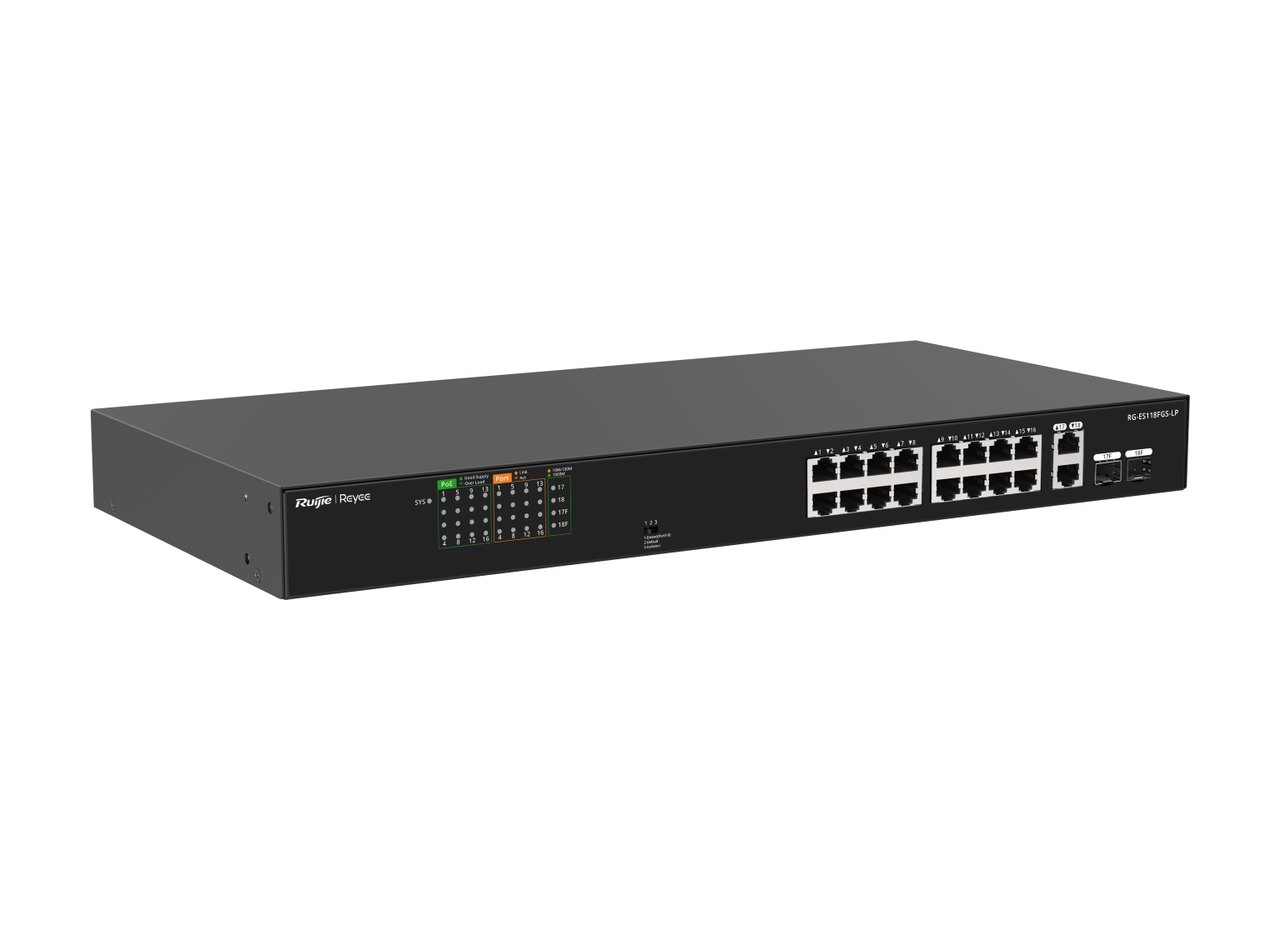 RG-ES118FGS-LP nhìn từ phía trước bên phải, góc thấp, ảnh của Ruijie