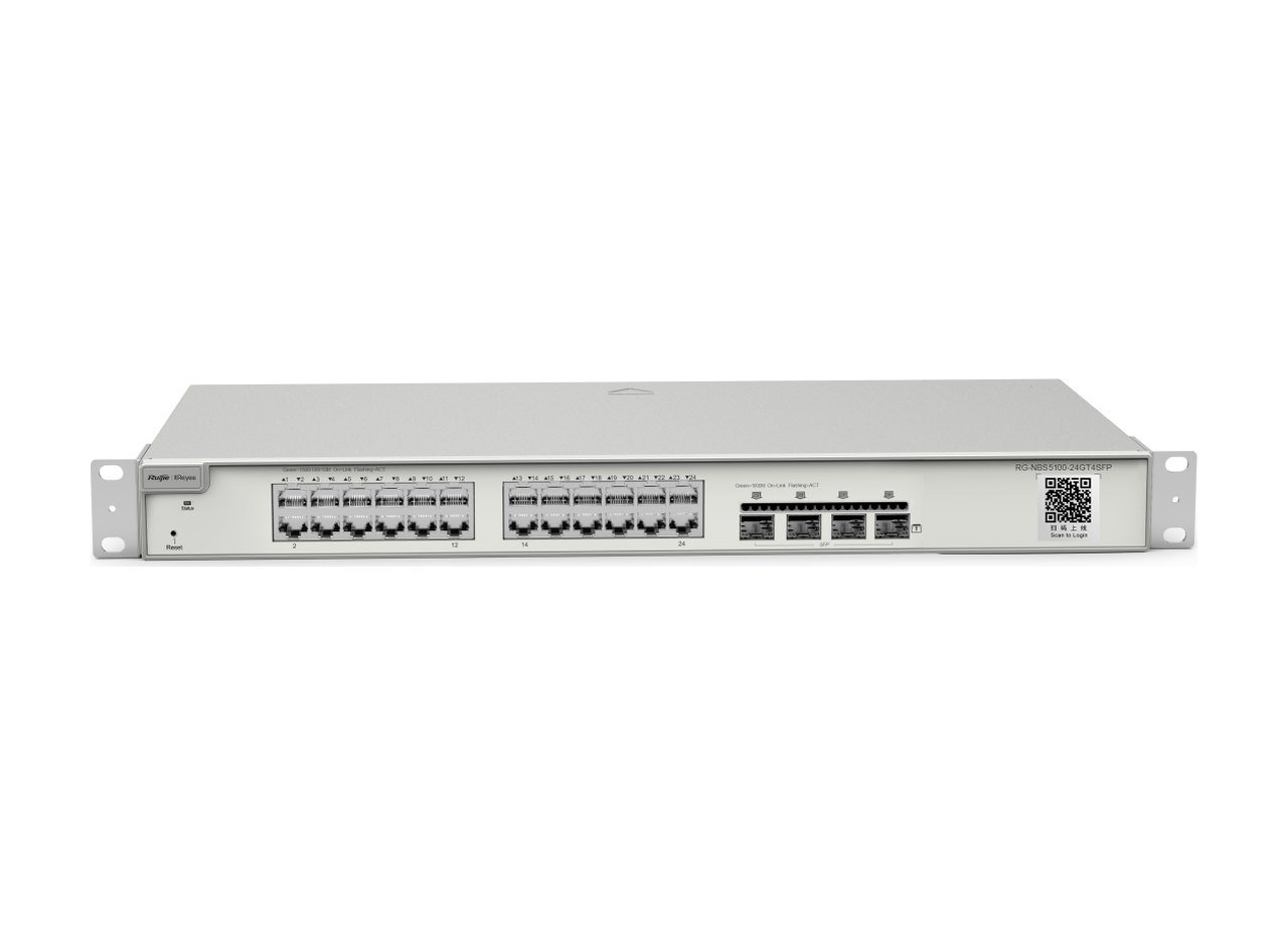 RG-NBS5100-24GT4SFP nhìn mặt trước từ góc cao, ảnh của hãng