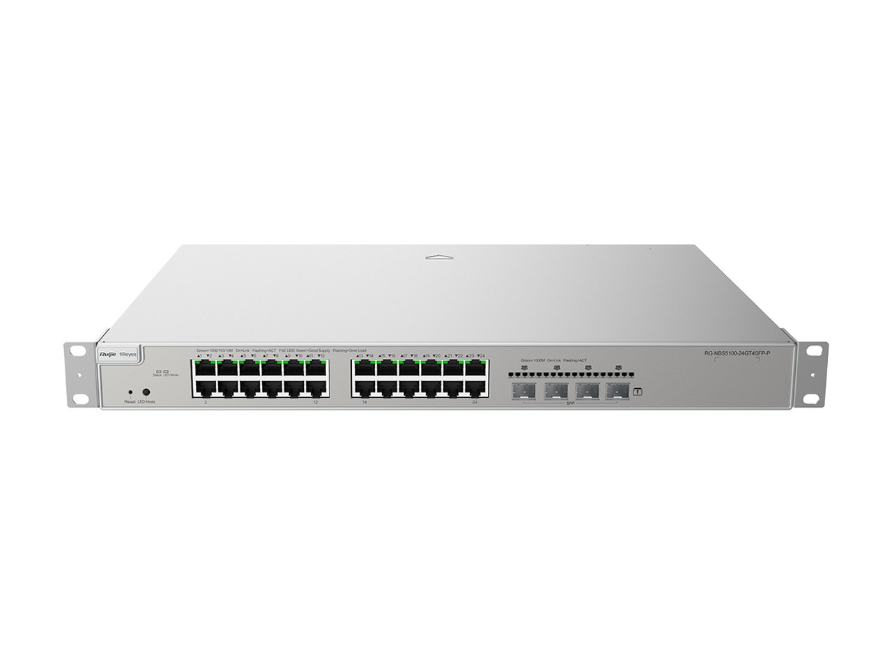 Switch Ruijie RG-NBS5100-24GT4SFP-P nhìn thẳng mặt trước, ảnh của hãng