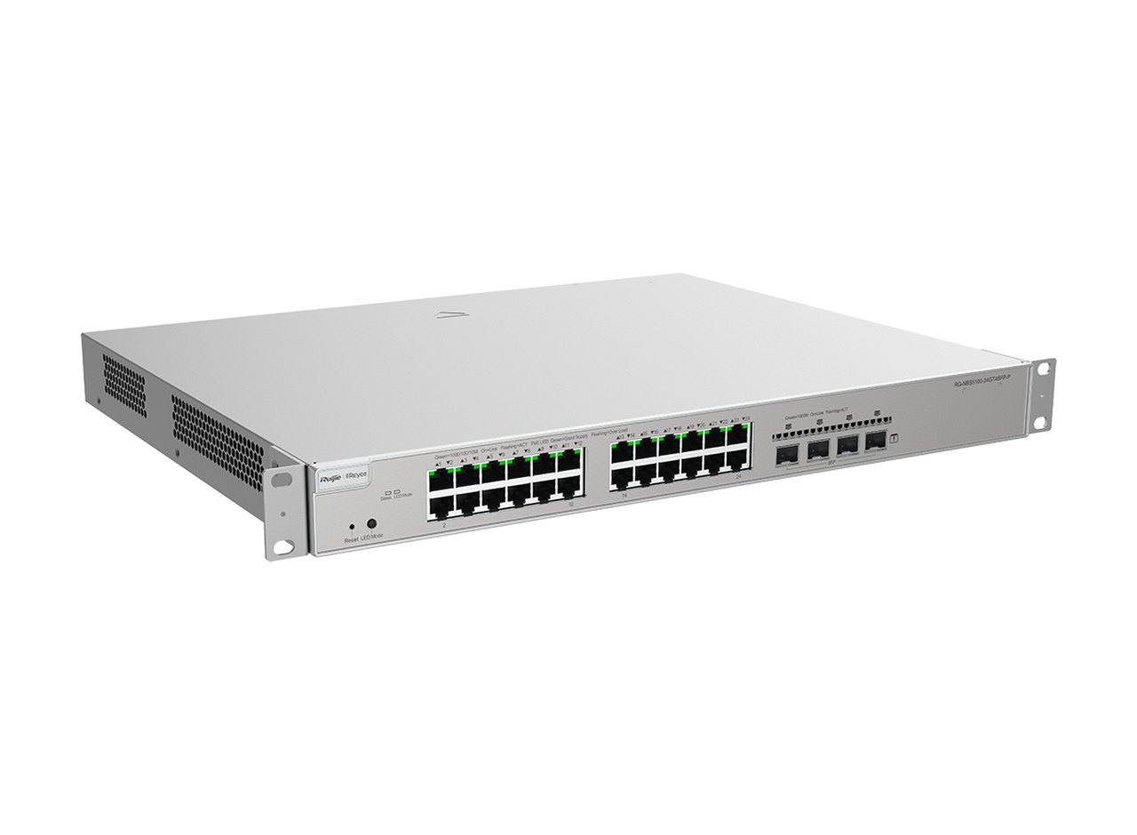 RG-NBS5100-24GT4SFP-P nhìn chéo từ bên trái, ảnh của Ruijie