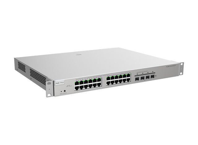 RG-NBS5100-24GT4SFP-P nhìn chéo từ bên trái, ảnh của Ruijie