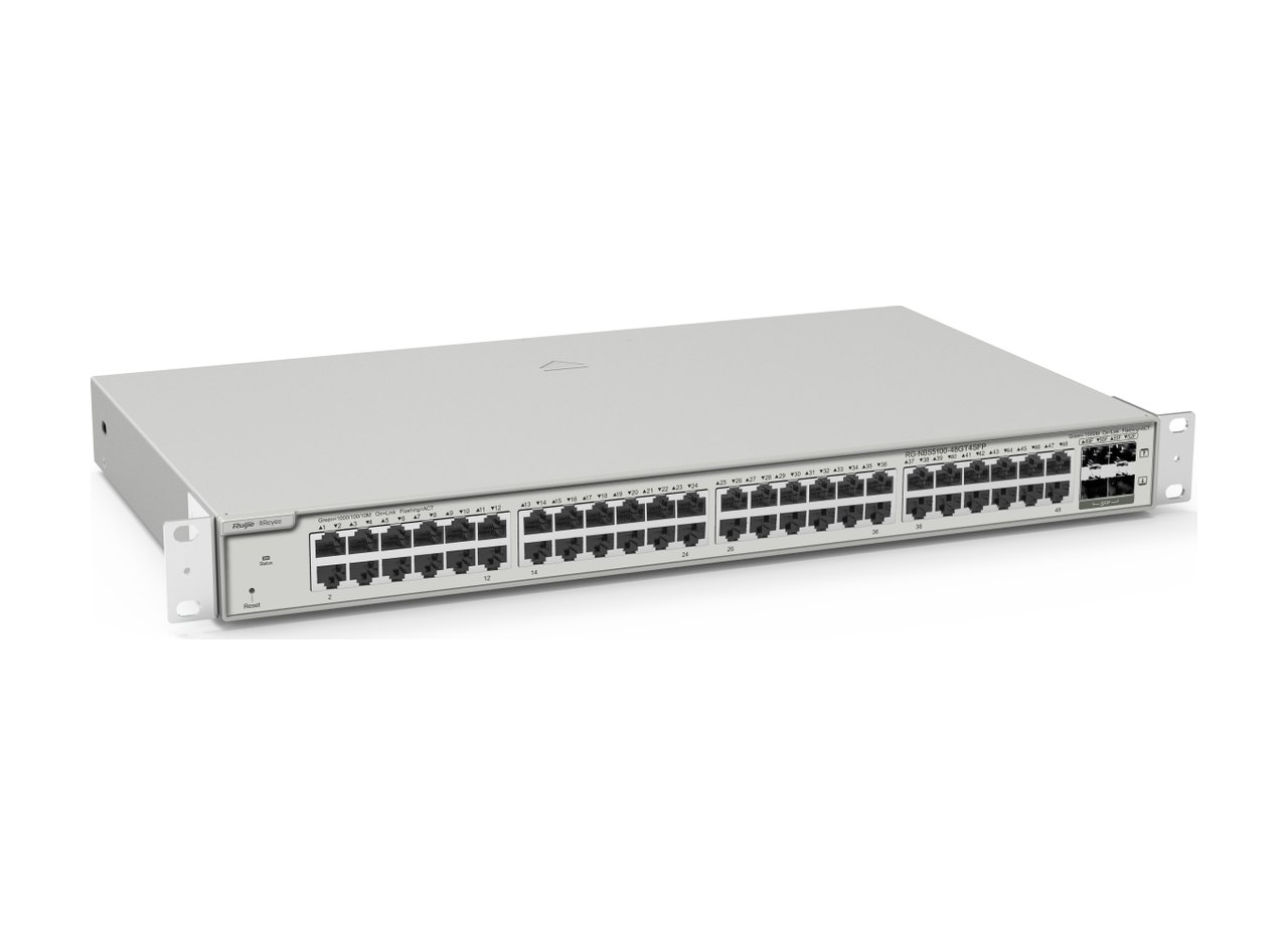 RG-NBS5100-48GT4SFP nhìn chéo từ trái, ảnh của Ruijie