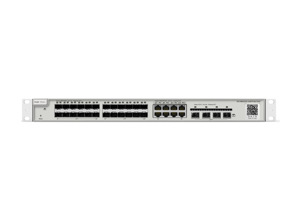 Switch Ruijie RG-NBS5200-24SFP/8GT4XS nhìn thẳng mặt trước, ảnh của hãng