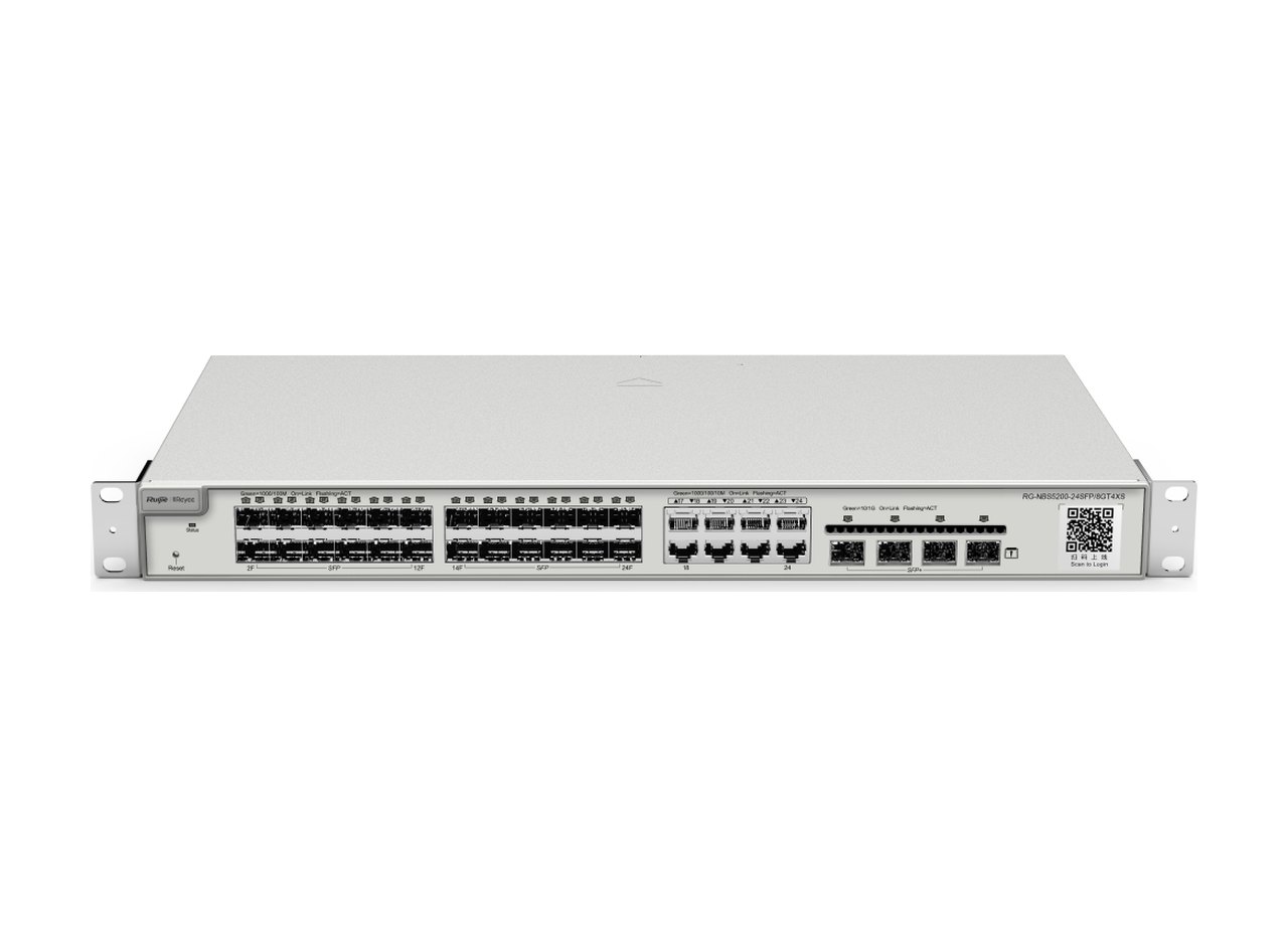 RG-NBS5200-24SFP/8GT4XS nhìn mặt trước từ góc cao, ảnh của Ruijie