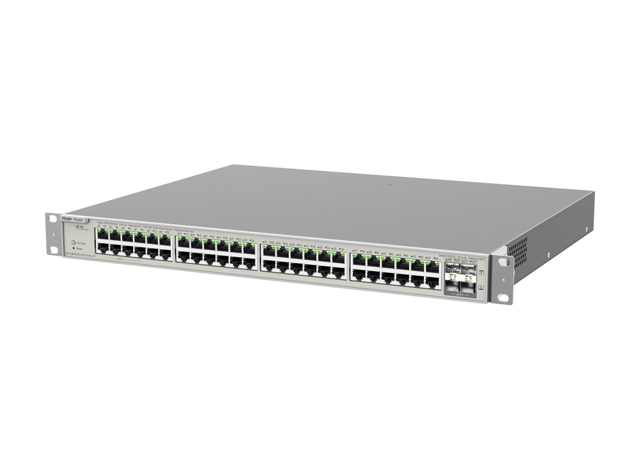 RG-NBS5200-48GT4XS-UP nhìn mặt trước từ góc phải, ảnh của Ruijie
